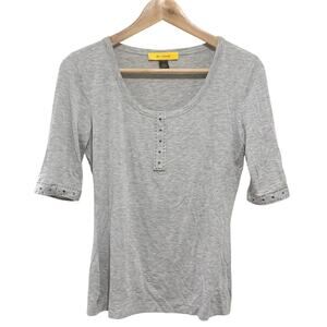 St. John Gray Studded Henley Tee P Lyocell Blend Stretch Scoop Neck Top